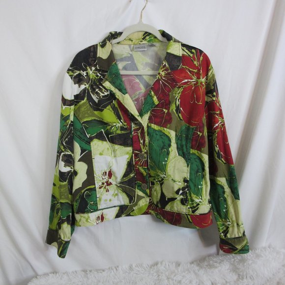Chico's Holiday Floral Shirt Jacket Christmas Red Green Blazer Size 2 Large - Picture 2 of 11